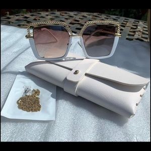 Sunglasses Women White Square Half Frame + Case + Gold Chain Metal Tea Lenses